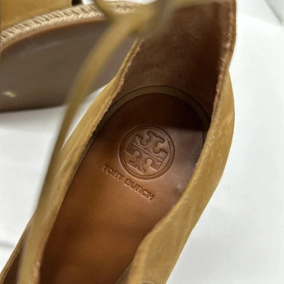 Tory Burch Raya Suede Lace Up Wedges Heeled Heels Tan Brown Open Toe Sandals 9.5 - Picture 9 of 10